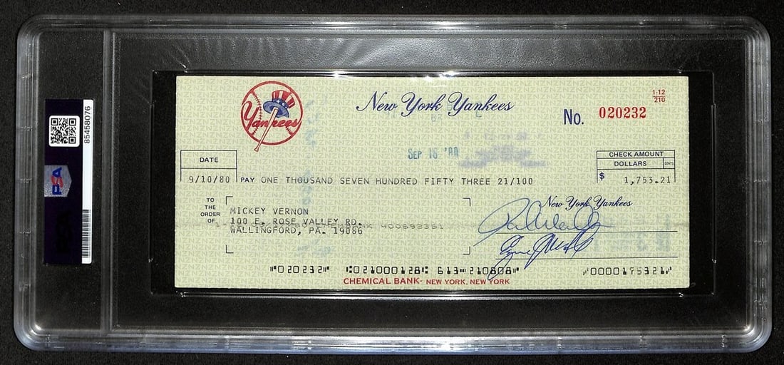 Mickey Vernon Signed 1980 NY Yankees Payroll Bank Check (PSA/ DNA 194535): Mickey Vernon Signed 1980 NY Yankees Payroll Bank Check (PSA/ DNA 194535) Get ready to own a piece of baseball history! This iconic 1980 NY Yankees payroll bank check, signed by the legendary Mickey V