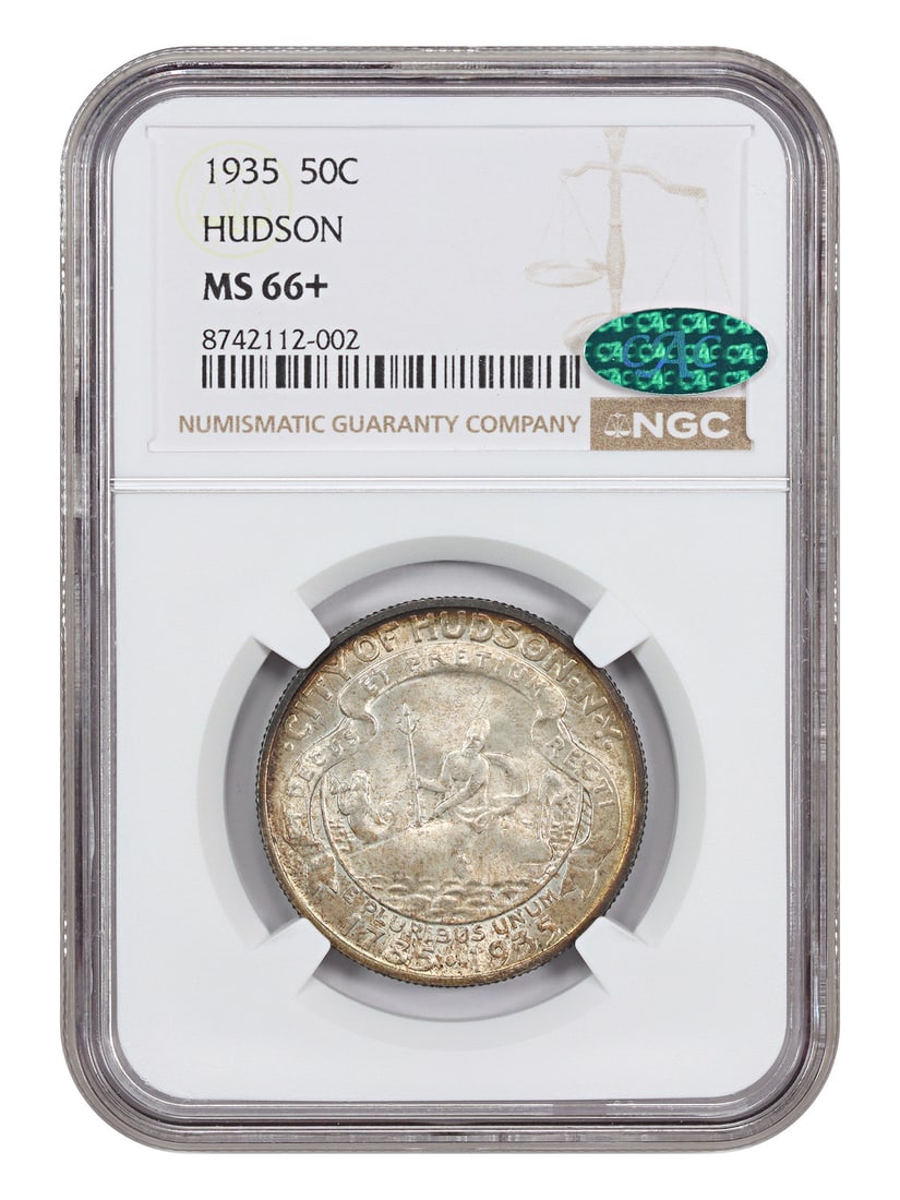 1935 50C Hudson NGC/ CAC MS66+ - Classic Silver Commemorative Low Mintage Issue: 1935 50C Hudson NGC/ CAC MS66+ - Classic Silver Commemorative Low Mintage Issue Rarity and beauty come together in this 1935 50C Hudson commemorative coin, graded MS66+ by the NGC and CAC. With its lo