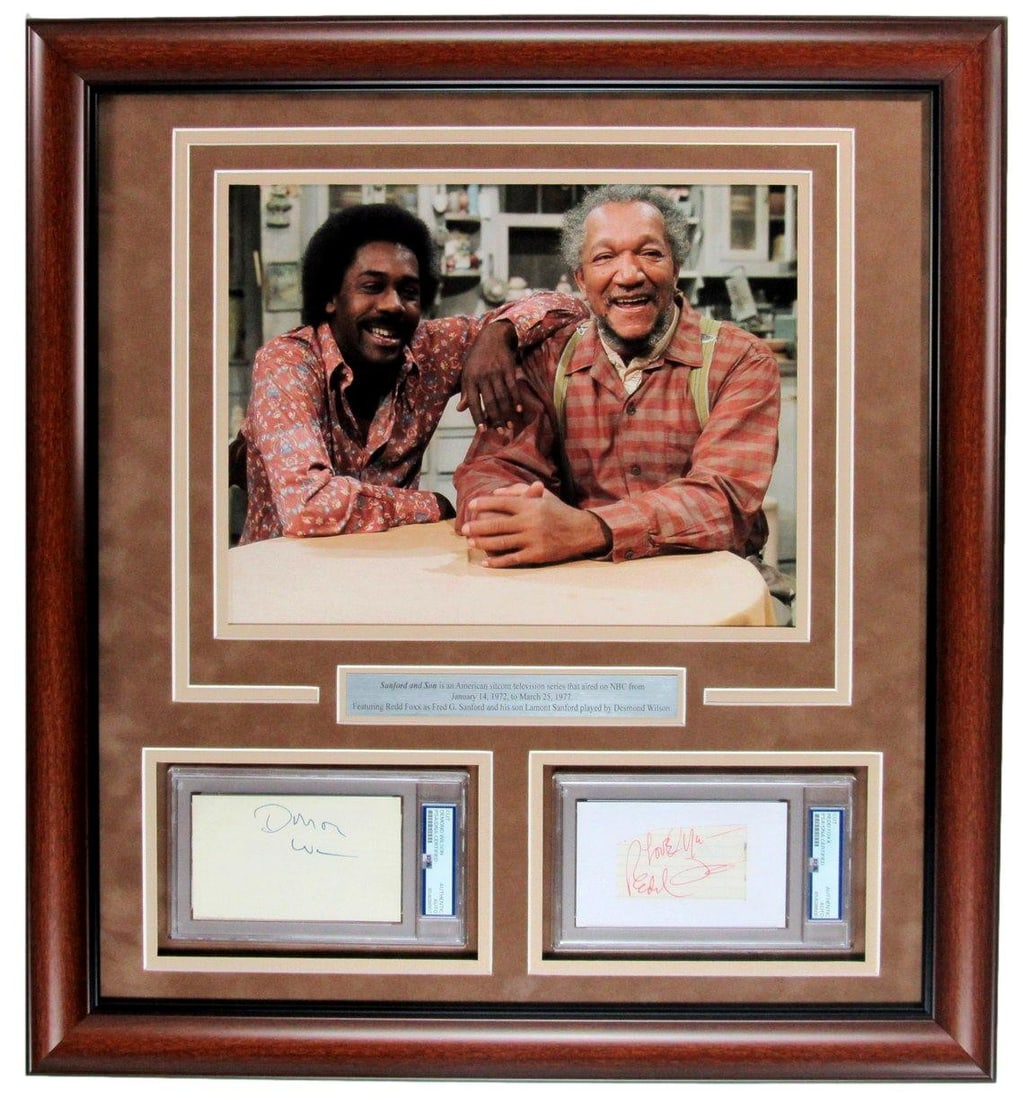 Redd Foxx and Desmond Wilson Signed Index Cards with Photo Collage Framed: Redd Foxx and Desmond Wilson Signed Index Cards with Photo Collage Framed Get ready to own a piece of TV history with these signed index cards from the iconic duo Redd Foxx and Desmond Wilson, stars