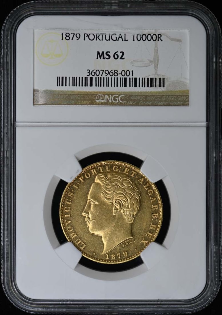 .5529oz 1879 PORTUGAL 10000R NGC MS62 Mintage 36000: .5529oz 1879 PORTUGAL 10000R NGC MS62 Mintage 36000 Experience the rich history of Portugal with this stunning 1879 10000R coin, certified MS62 by NGC and featuring a mintage of just 36,000 pieces. As