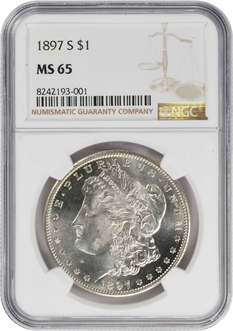 NGC 1897-S Morgan Silver Dollar MS65: NGC 1897-S Morgan Silver Dollar MS65 Experience the majesty of the 1897-S Morgan Silver Dollar, certified MS65 by the Numismatic Guaranty Corporation (NGC). This stunning coin boasts a rich history, f