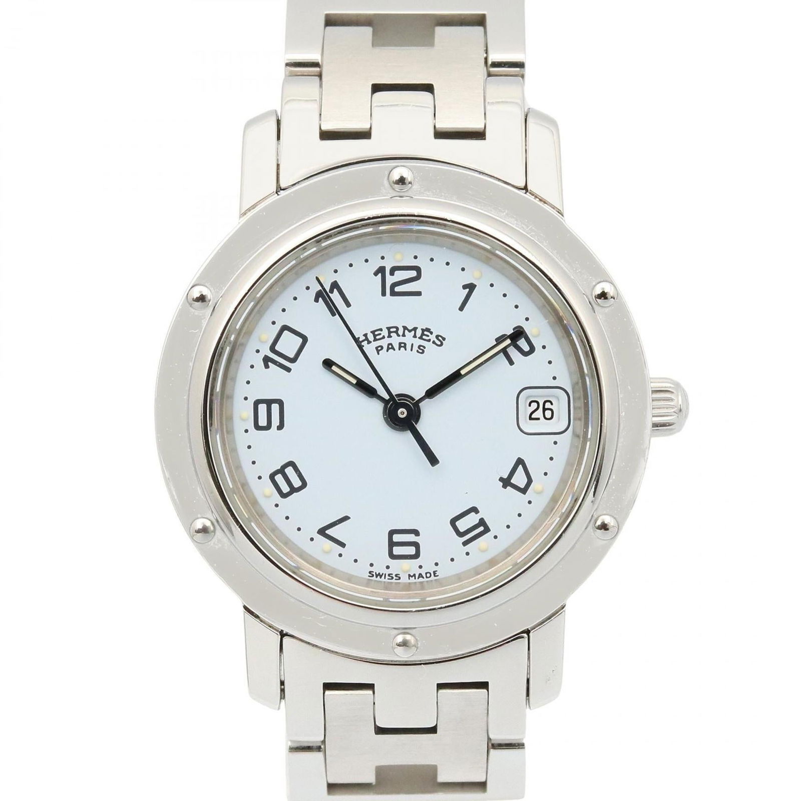 Wristwatch Hermes: Wristwatch Hermes A pre-owned Hermes wristwatch, perfect for the discerning woman who appreciates timeless elegance. This stainless steel timepiece boasts a sleek 24mm case and matching band, adorned