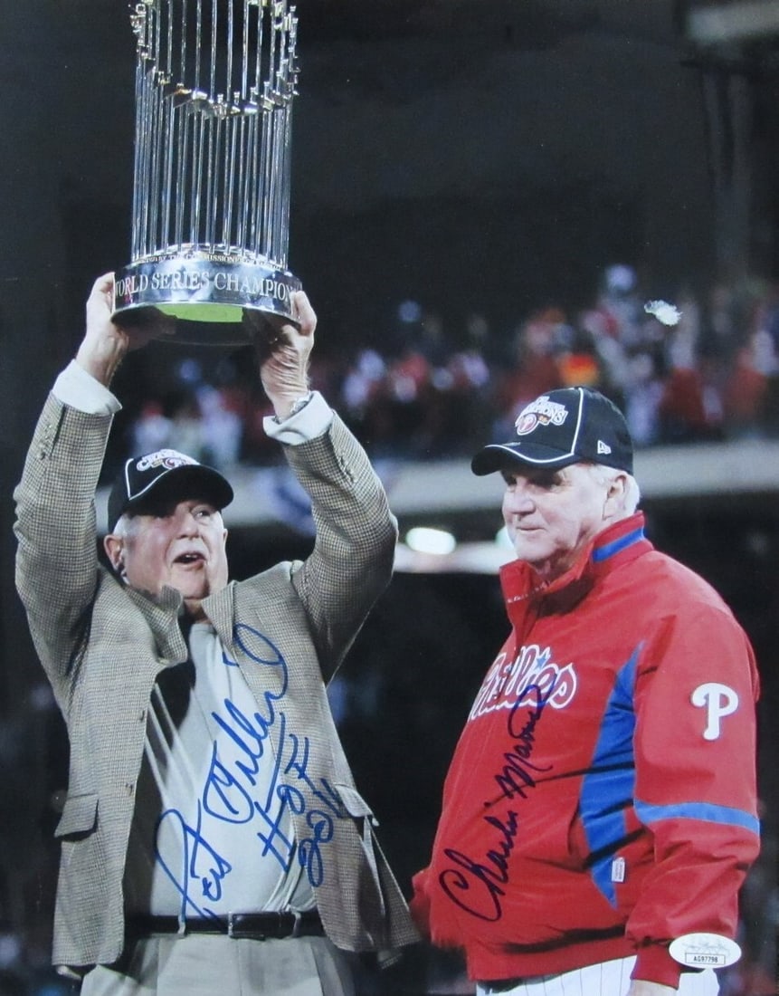 178302 Pat Gillick/ Charlie Manuel Dual-Autographed 11x14 Photo 2008 Phillies JSA: 178302 Pat Gillick/ Charlie Manuel Dual-Autographed 11x14 Photo 2008 Phillies JSA Get ready to relive the magic of 2008 with this dual-autographed photo of Pat Gillick and Charlie Manuel, two iconic f