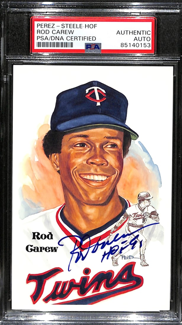 Rod Carew HOF Signed 1991 Perez-Steele Twins Postcard (PSA/ DNA 185061): Rod Carew HOF Signed 1991 Perez-Steele Twins Postcard (PSA/ DNA 185061) Get ready to relive the magic of 1991 with this rare and unique signed postcard from baseball legend Rod Carew, a member of the