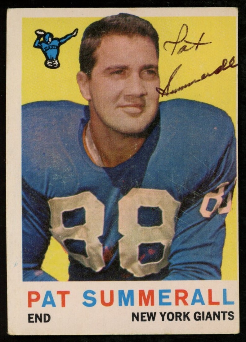 Giants 1959 TOPPS Football Card #41 Signed/ Auto Pat Summerall New York: Giants 1959 TOPPS Football Card #41 Signed/ Auto Pat Summerall New York Get ready to own a piece of NFL history with this rare 1959 TOPPS Football Card #41, signed by legendary broadcaster Pat Summera