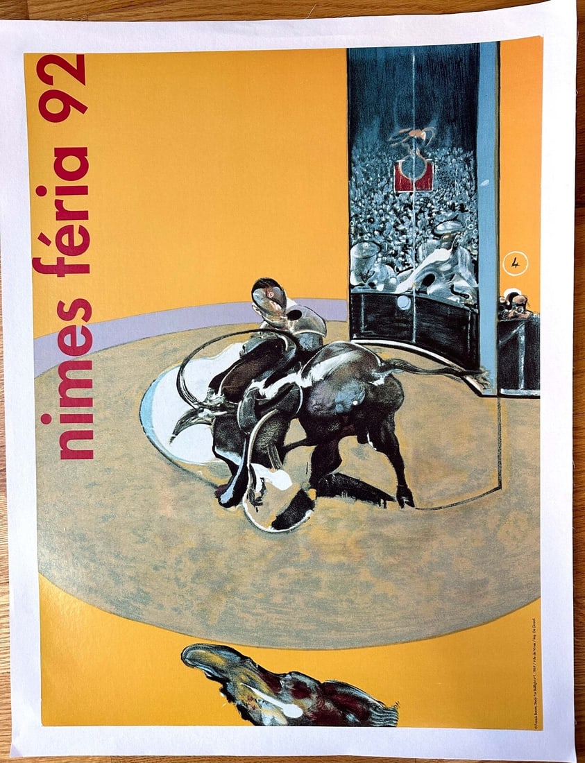 Francis Bacon Original 1992 Serigraphie Print for Feria Nimes: Francis Bacon Original 1992 Serigraphie Print for Feria Nimes A stunning original serigraphie print by Francis Bacon, created in 1992 for the Feria Nimes event in Paris, France. This vibrant yellow ca