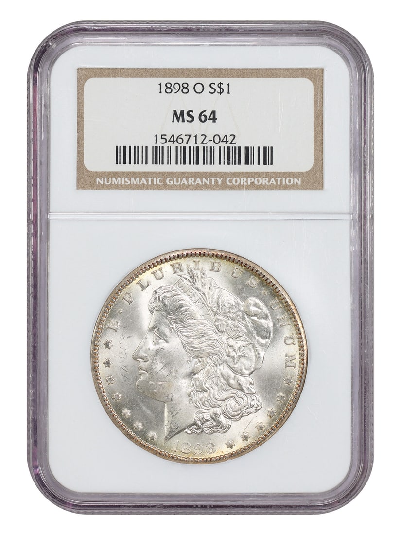 1898-O $1 NGC MS64 Morgan Dollar: 1898-O $1 NGC MS64 Morgan Dollar A rare gem from the early days of American coinage, this 1898-O Morgan Dollar is certified MS64 by NGC and boasts stunning uncirculated condition. As one of the few ex