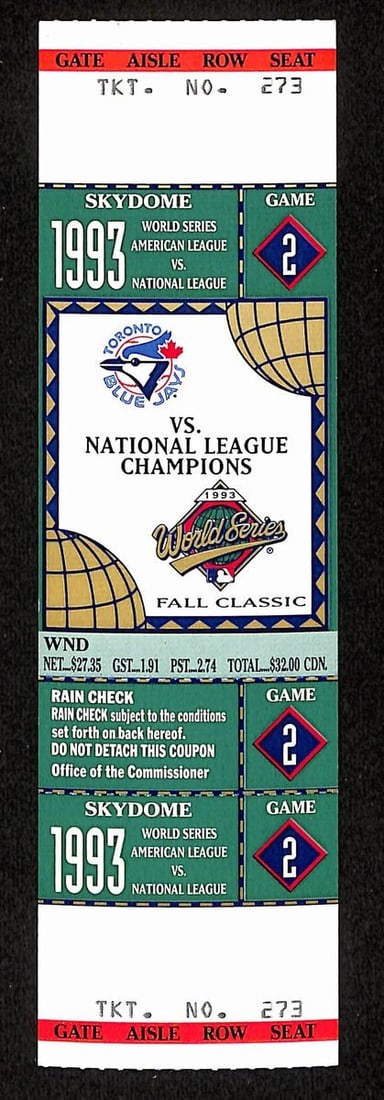 194163 1993 World Series Game 2 Phillies vs. Blue Jays Full Ticket RARE MINT: 194163 1993 World Series Game 2 Phillies vs. Blue Jays Full Ticket RARE MINT Experience the thrill of 1993 World Series Game 2 with this extremely rare and mint condition Phillies vs. Blue Jays full t