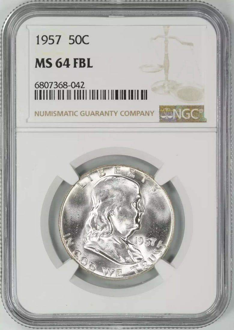 1957 Franklin Half Dollar 50c NGC MS 64 FBL Mint Unc with Full Bell Lines: 1957 Franklin Half Dollar 50c NGC MS 64 FBL Mint Unc with Full Bell Lines Experience the beauty of American history with this stunning 1957 Franklin Half Dollar, certified MS 64 by NGC and boasting fu