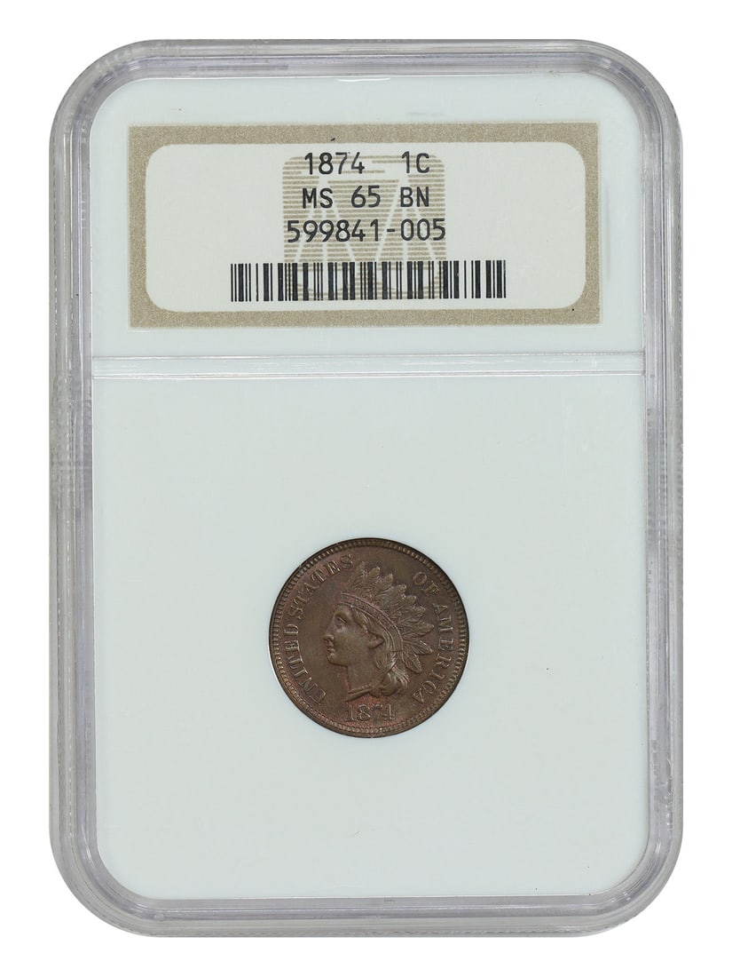 1874 1C NGC MS65BN - Indian Cent Slightly Better Date: 1874 1C NGC MS65BN - Indian Cent Slightly Better Date Rarity and beauty come together in this stunning 1874 Indian Cent, graded MS65BN by the NGC. As one of the rarest dates for the series, this coin