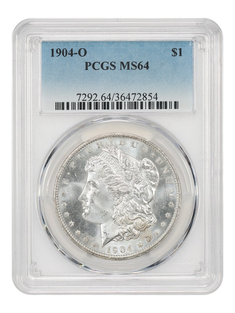 1904-O $1 PCGS MS64 - Morgan Dollar Final Year O-Mint: 1904-O $1 PCGS MS64 - Morgan Dollar Final Year O-Mint Experience the rare 1904-O Morgan Dollar, one of the final years of production for this iconic series. Certified by PCGS as MS64, this uncirculate