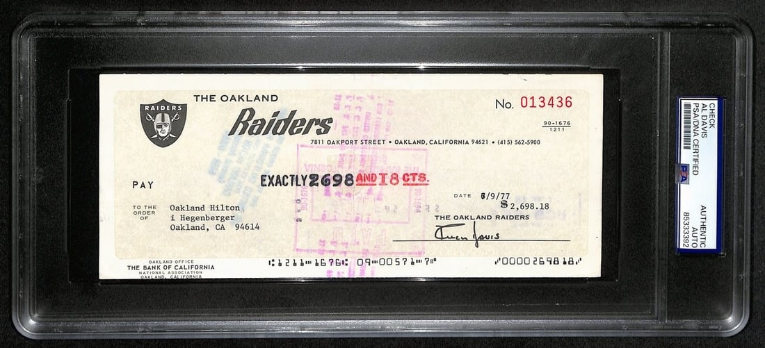 Al Davis HOF Signed 8.5x3.5 Bank Check (PSA/ DNA 193224): Al Davis HOF Signed 8.5x3.5 Bank Check (PSA/ DNA 193224) Get ready to own a piece of NFL history with this authentic Al Davis signed bank check, authenticated by the Sports Memorabilia Authentication