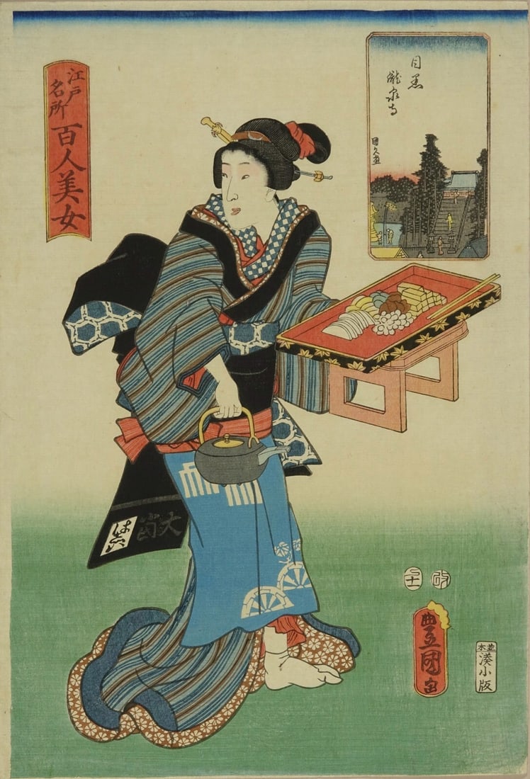 Triptych WB Toyokuni Japan Woodblock Prints Asian Antique Ukiyo-e Meguro Kimono: Triptych WB Toyokuni Japan Woodblock Prints Asian Antique Ukiyo-e Meguro Kimono Experience the rich history and artistry of 19th-century Japan with this stunning triptych woodblock print, created by r