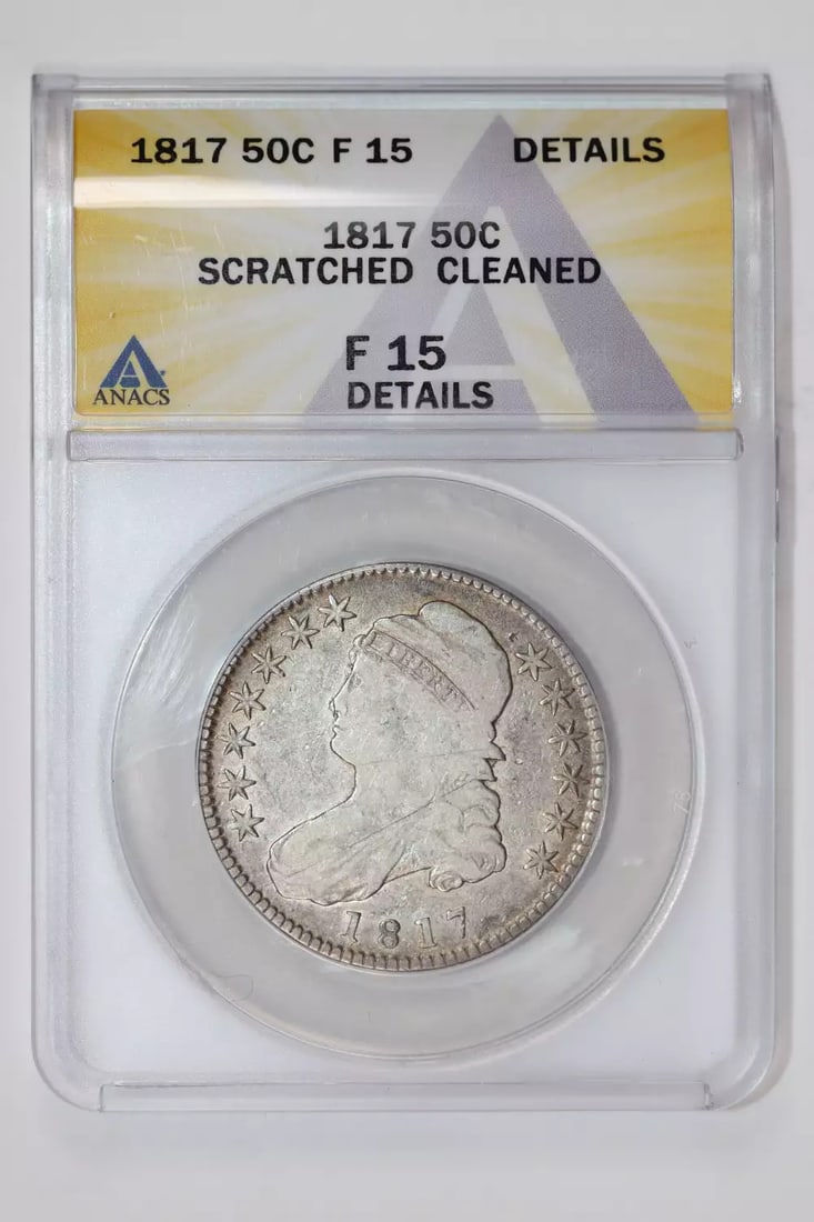 1817 Capped Bust Half Dollar - ANACS F15 Details: 1817 Capped Bust Half Dollar - ANACS F15 Details Experience the rich history of America with this 1817 Capped Bust Half Dollar, certified by ANACS as F15 Details. Made from high-quality silver and min
