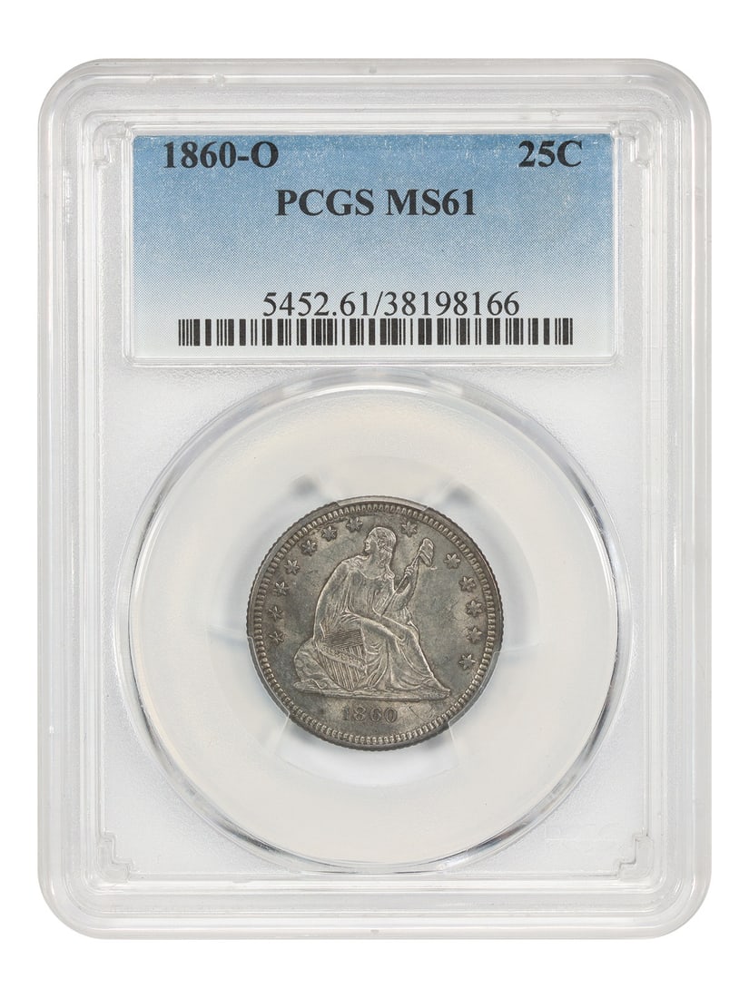 1860-O Liberty Seated Quarter MS61 PCGS: 1860-O Liberty Seated Quarter MS61 PCGS A rare and highly sought-after 1860-O Liberty Seated Quarter, graded MS61 by PCGS, is up for auction. This uncirculated coin boasts stunning details from the Ne