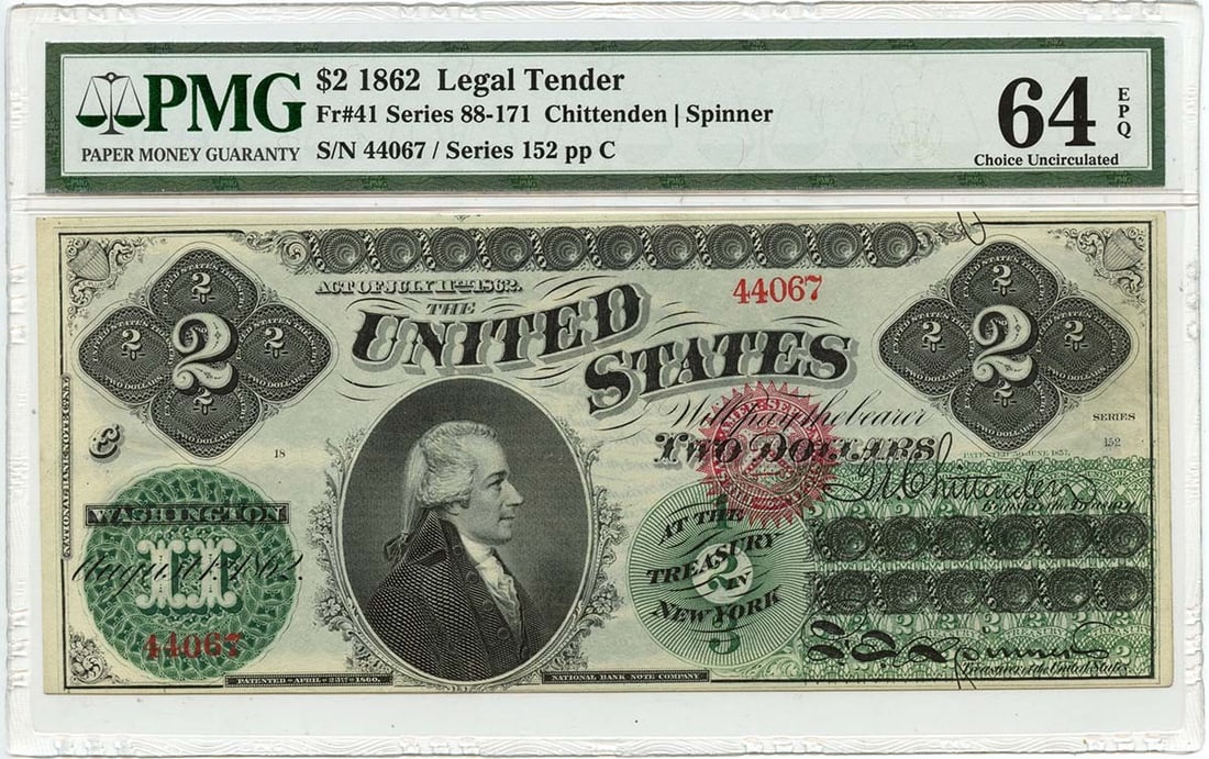1862 $2 Legal Tender Note, Series 101-171, FR#41, PMG CU64 EPQ Choice Color (1 of 2)