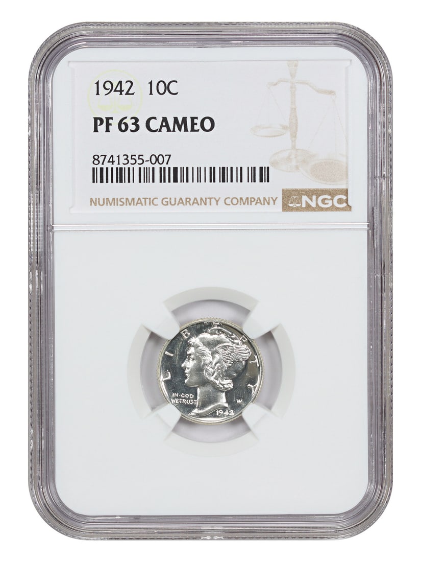 1942 Mercury Dime (NGC PR63CAM): 1942 Mercury Dime (NGC PR63CAM) A rare and stunning 1942 Mercury Dime, certified by the NGC as PR63CAM, boasts exceptional condition with minimal wear, showcasing the coin's original luster. This unci