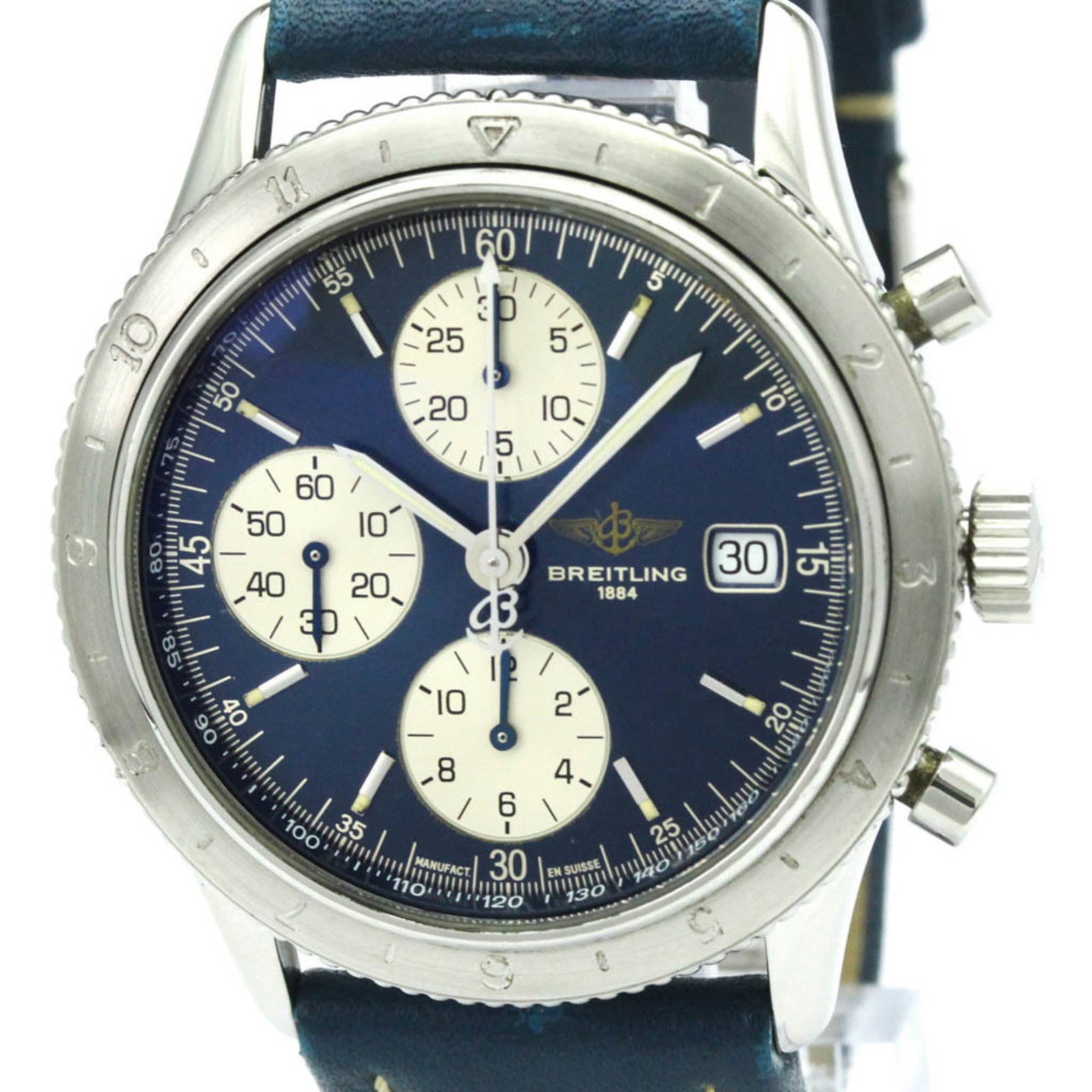 Wristwatch Breitling: Wristwatch Breitling A pre-owned Breitling wristwatch that exudes sporty sophistication, boasting a sleek 40mm stainless steel case and supple leather band, all set against a striking blue dial. With