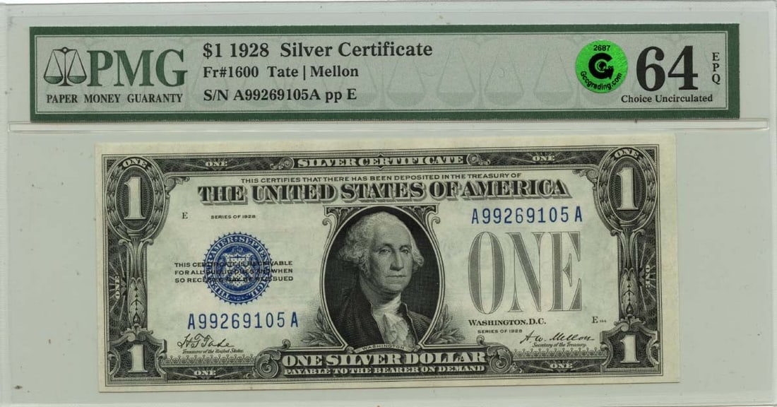 1928 $1 Silver Certificate, FR#1600, PMG CU64 EPQ, GCC Green: 1928 $1 Silver Certificate, FR#1600, PMG CU64 EPQ, GCC Green Experience the charm of the Roaring Twenties with this 1928 $1 Silver Certificate, certified by PMG as MS64 Uncirculated and graded EPQ (Ex