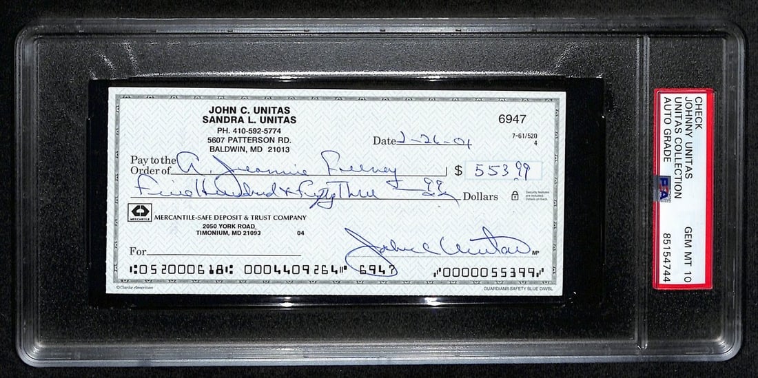 192620 Johnny Unitas HOF Signed/ Auto 2001 Bank Check Colts PSA/ DNA GEM MT 10: 192620 Johnny Unitas HOF Signed/ Auto 2001 Bank Check Colts PSA/ DNA GEM MT 10 Get ready to own a piece of NFL history with this incredible Johnny Unitas signed bank check, authenticated by PSA and DN