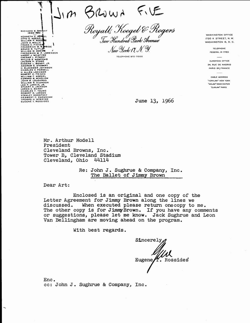 June 1966 Letters to Art Modell and Jim Brown regarding Ballet 145011: June 1966 Letters to Art Modell and Jim Brown regarding Ballet 145011 Get ready to step into the world of NFL history with these rare letters from two legendary figures, Art Modell and Jim Brown, addr