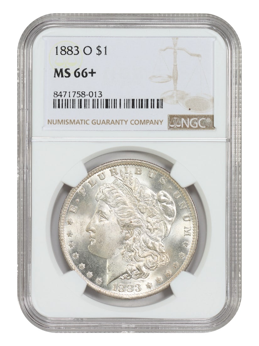 1883-O $1 NGC MS66+ Morgan Dollar: 1883-O $1 NGC MS66+ Morgan Dollar Experience the rich history of the American dollar with this stunning 1883-O $1 Morgan Dollar, certified MS66+ by NGC. Minted in New Orleans and featuring a high-grad