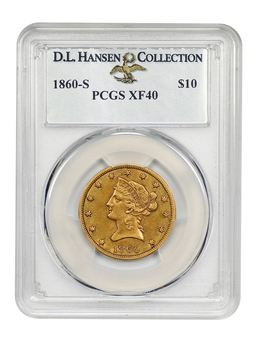 1860-S $10 PCGS XF40 Ex D.L. Hansen: 1860-S $10 PCGS XF40 Ex D.L. Hansen A rare and highly sought-after 1860-S $10 gold coin, graded XF40 by PCGS, is up for auction. This circulated example boasts a high grade, making it an attractive ad
