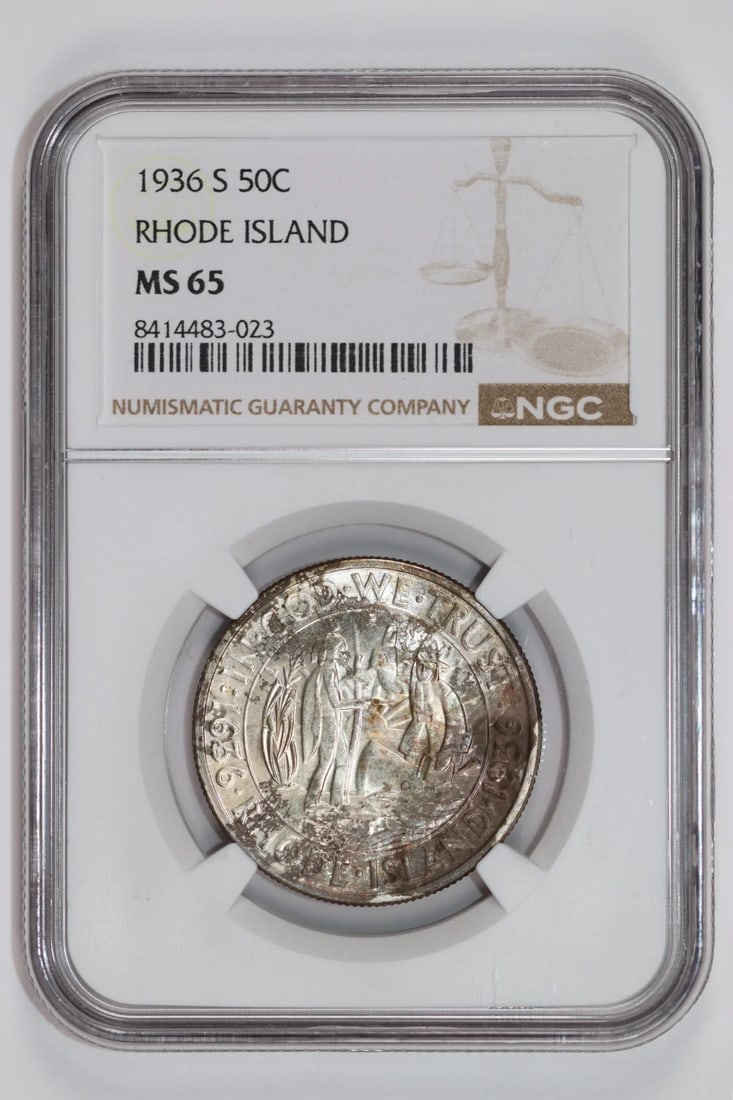 PQ 1936-S RHODE ISLAND COMMEMORATIVE HALF DOLLAR NGC MS65 FRESH: PQ 1936-S RHODE ISLAND COMMEMORATIVE HALF DOLLAR NGC MS65 FRESH A rare and highly sought-after 1936-S Rhode Island commemorative half dollar, graded MS65 by the Numismatic Guaranty Corporation (NGC),