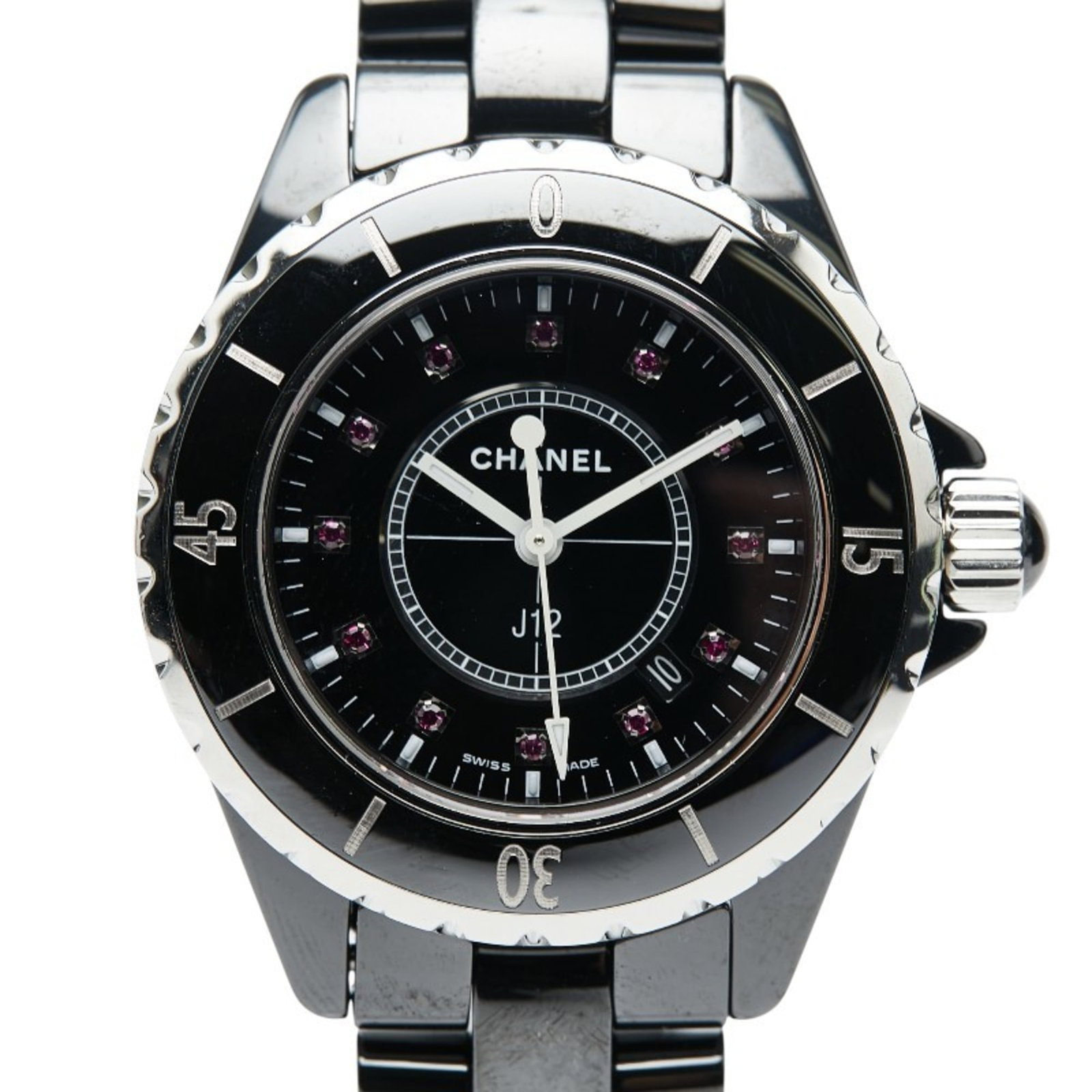 Wristwatch Chanel: Wristwatch Chanel A sleek and sophisticated Chanel wristwatch, crafted from durable ceramic and stainless steel, boasts a striking black dial against its 33.5mm case. With a comfortable fit for wrists