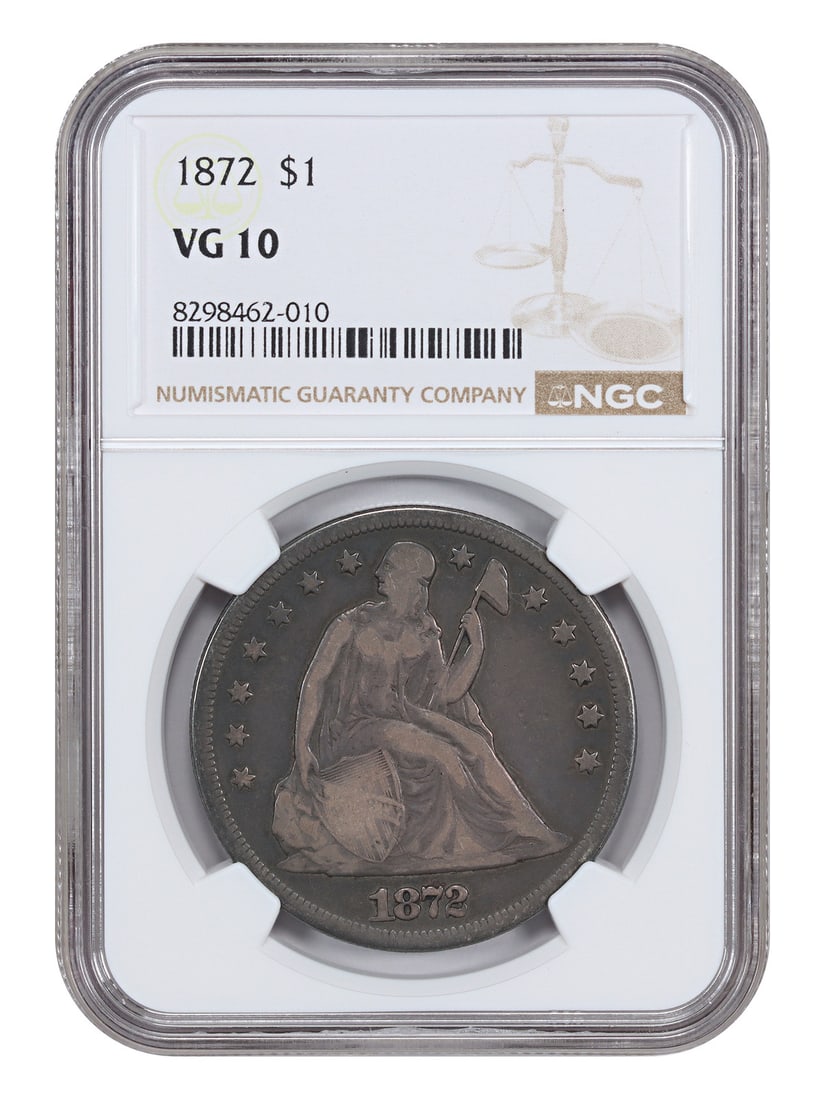 Liberty Seated Dollar - 1872 $1 NGC VG10: Liberty Seated Dollar - 1872 $1 NGC VG10 Experience the rich history of American currency with this 1872 Liberty Seated Dollar, certified by NGC and graded VG10. As one of the earliest circulating exa