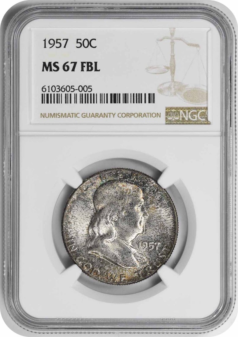 NGC 1957 Franklin Silver Half Dollar MS67FBL: NGC 1957 Franklin Silver Half Dollar MS67FBL The NGC 1957 Franklin Silver Half Dollar MS67FBL is a stunning example of American numismatic excellence, boasting an impressive MS67 grade and featuring t
