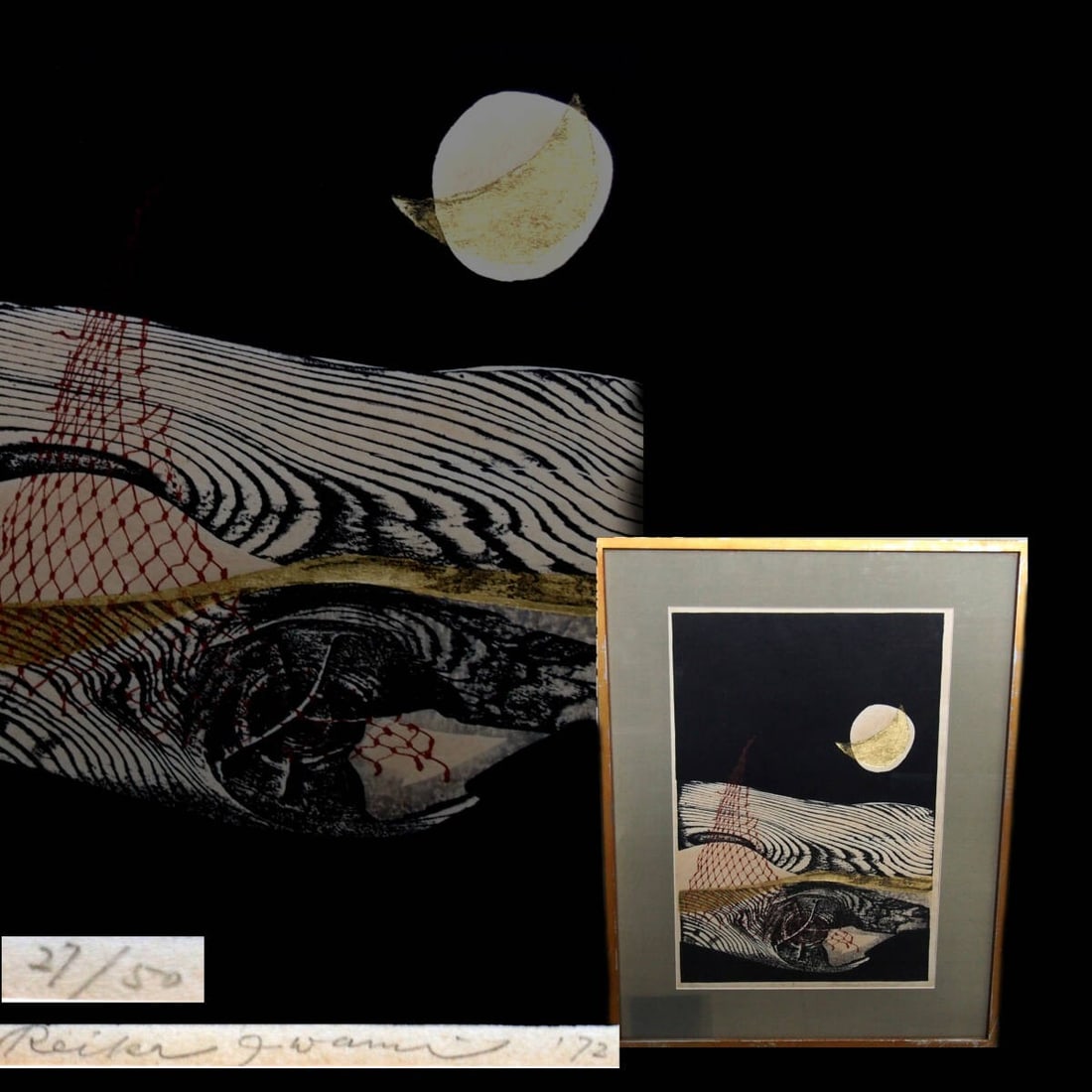 Reika Iwami Signed Framed Water & Moon Woodblock Print 1972: Reika Iwami Signed Framed Water & Moon Woodblock Print 1972 A rare and exquisite piece of Japanese art, this signed Reika Iwami woodblock print from 1972 is a stunning representation of the artist's u