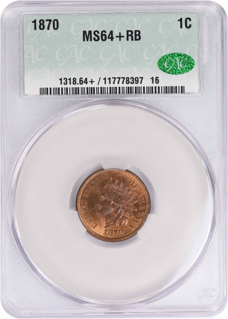 CACG 1870 Indian Cent MS64RB: CACG 1870 Indian Cent MS64RB The CACG graded MS64RB 1870 Indian Cent is a rare and highly sought-after coin, boasting stunning mint state condition with a rich history dating back to the late 19th cen
