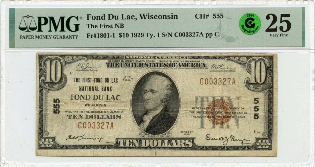 Green 1929 Ty. 1 $10 Fond Du Lac WI National Bank CH# 555 PMG VF25 GCC: Green 1929 Ty. 1 $10 Fond Du Lac WI National Bank CH# 555 PMG VF25 GCC Experience the rich history of American currency with this 1929 $10 note from Fond du Lac, Wisconsin. Graded VF25 by PMG, this ci