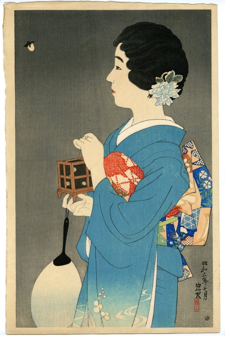 writing Ito Shinsui woodblock print firefly woman kimono makeup flower Japanese: writing Ito Shinsui woodblock print firefly woman kimono makeup flower Japanese Experience the enchanting world of 20th-century Japanese art with this stunning woodblock print by Ito Shinsui, depictin