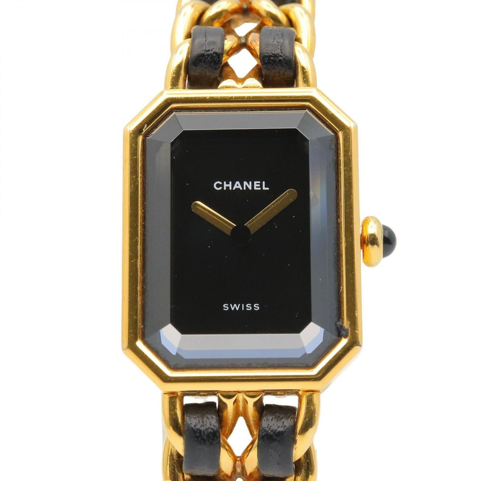 Wristwatch Chanel: Wristwatch Chanel A stunning gold plated Chanel wristwatch, adorned with a sleek black dial and elegant leather strap, adds a touch of sophistication to any outfit. With its 20mm case diameter and adj
