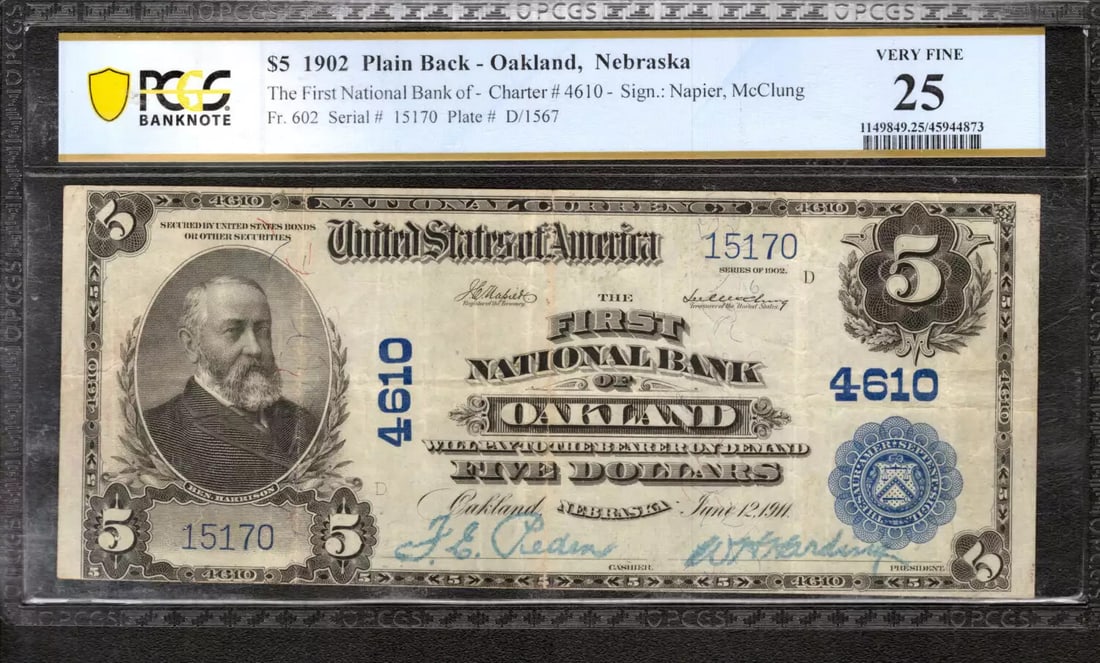 (170 1902 $5 FIRST NATIONAL BANKNOTE CURRENCY FR.602 OAKLAND NEBRASKA PCGS 25 VF: (170 1902 $5 FIRST NATIONAL BANKNOTE CURRENCY FR.602 OAKLAND NEBRASKA PCGS 25 VF A rare and highly sought-after $5 First National Banknote from 1902, graded PCGS 25 VF by one of the most respected org