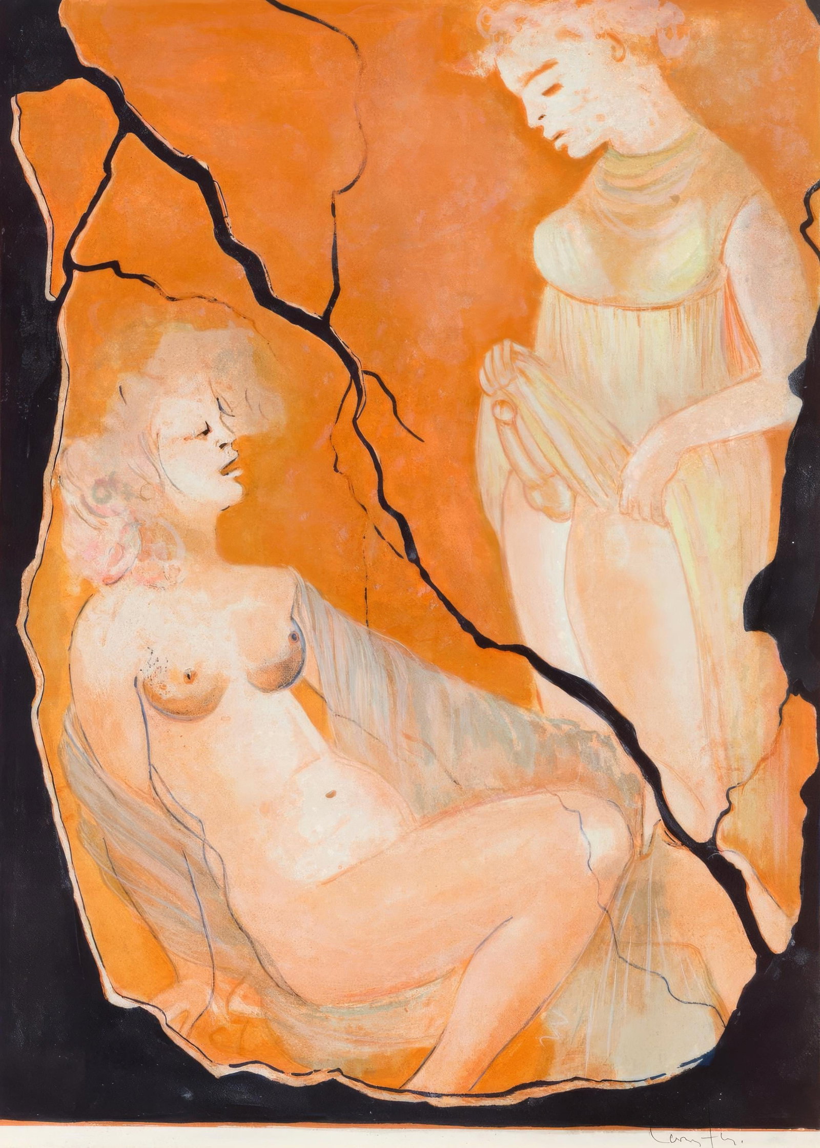 Leonor Fini Lithograph from Satiricon (1970): Leonor Fini Lithograph from Satiricon (1970) Experience the visionary art of Leonor Fini with Sans titre (Untitled), a striking lithograph from the 1970 edition of Satiricon, showcasing her unique ble