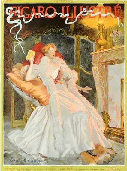 1898 Original Vintage Poster Au Coin Du Feu By Doucet For Figaro Illustre: 1898 Original Vintage Poster Au Coin Du Feu By Doucet For Figaro Illustre Experience the elegance of Art Nouveau with this rare 1898 vintage poster by renowned artist Doucet, originally published in F