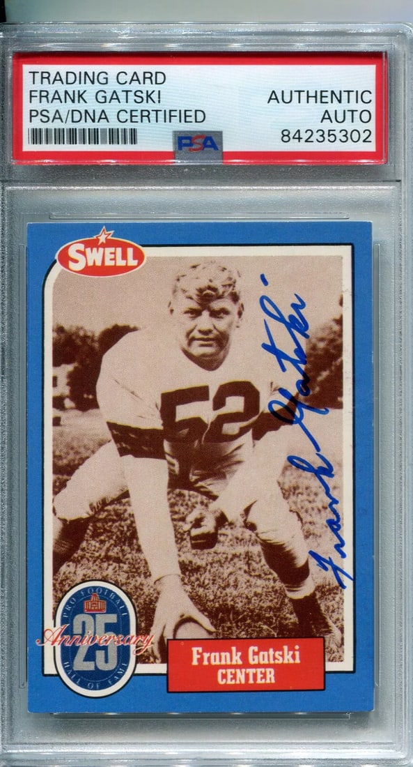 (PSA) Frank Gatski 1988 Autographed Swell Football Card: (PSA) Frank Gatski 1988 Autographed Swell Football Card Get your hands on a rare piece of sports history with this 1988 autographed Frank Gatski football card, authenticated and slabbed by the leading
