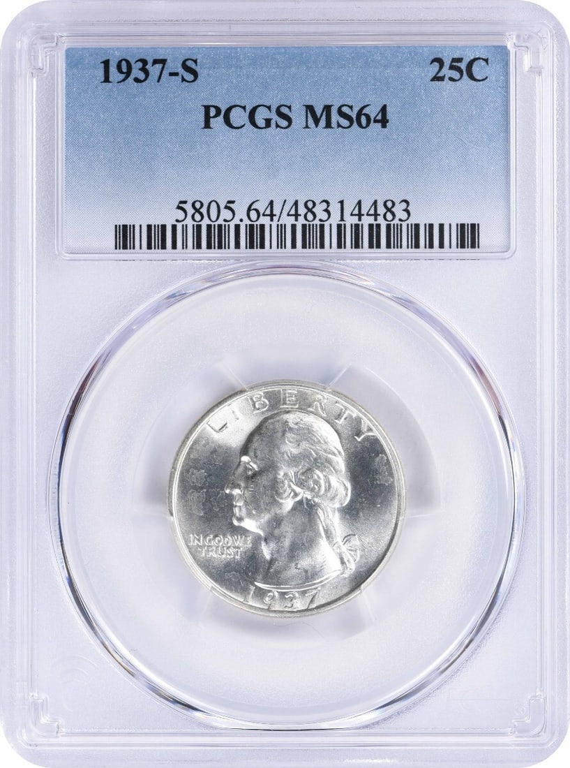 1937-S Washington Quarter MS64 PCGS: 1937-S Washington Quarter MS64 PCGS A stunning example of American numismatics, this 1937-S Washington Quarter boasts a beautiful MS64 grade from the PCGS, showcasing exceptional detail and luster in