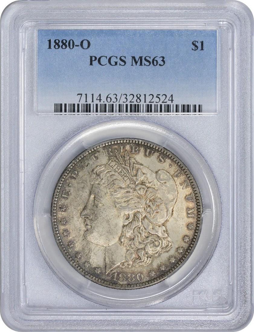Toning 1880-O Morgan Dollar MS63 PCGS Mint State 63 Rusty Brown: Toning 1880-O Morgan Dollar MS63 PCGS Mint State 63 Rusty Brown Experience the beauty of the 1880-O Morgan Dollar, graded MS63 by PCGS and boasting a stunning Rusty Brown patina, characteristic of its