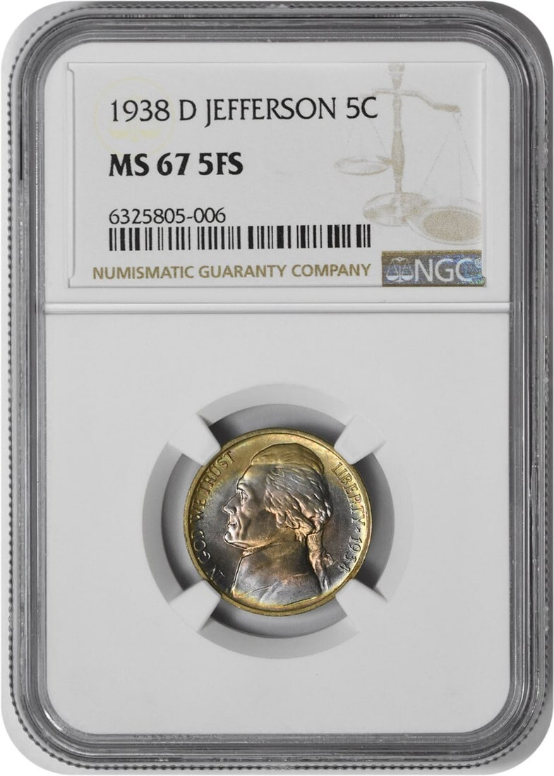 NGC 1938-D Jefferson Nickel MS67 5FS: NGC 1938-D Jefferson Nickel MS67 5FS A stunning example of American numismatics, the NGC 1938-D Jefferson Nickel MS67 5FS boasts exceptional condition and rarity, with its 75% copper and 25% nickel co