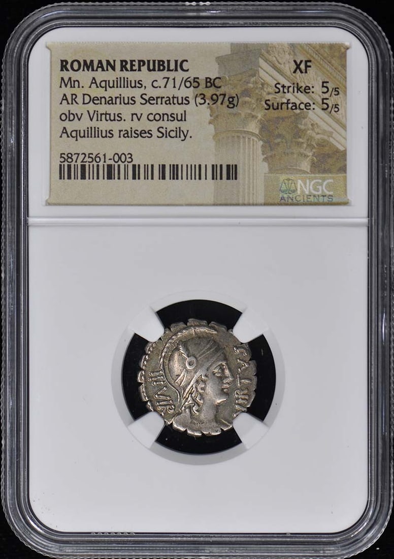 c.71/ 65 BC ROMAN REPUBLIC AR Denarius Serratus NGC XF40 5/ 5 - Mn. Aquillius: c.71/ 65 BC ROMAN REPUBLIC AR Denarius Serratus NGC XF40 5/ 5 - Mn. Aquillius Experience the rich history of ancient Rome with this stunning Roman Republic AR Denarius Serratus, minted around 71-65 BC