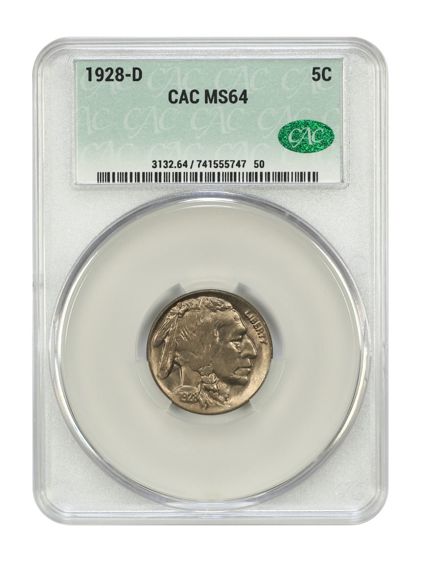 1928-D Buffalo Nickel (CACG) MS64: 1928-D Buffalo Nickel (CACG) MS64 Experience the classic charm of the 1928-D Buffalo Nickel, certified by CACG and graded MS64. This stunning example boasts pristine details and a rich history, making