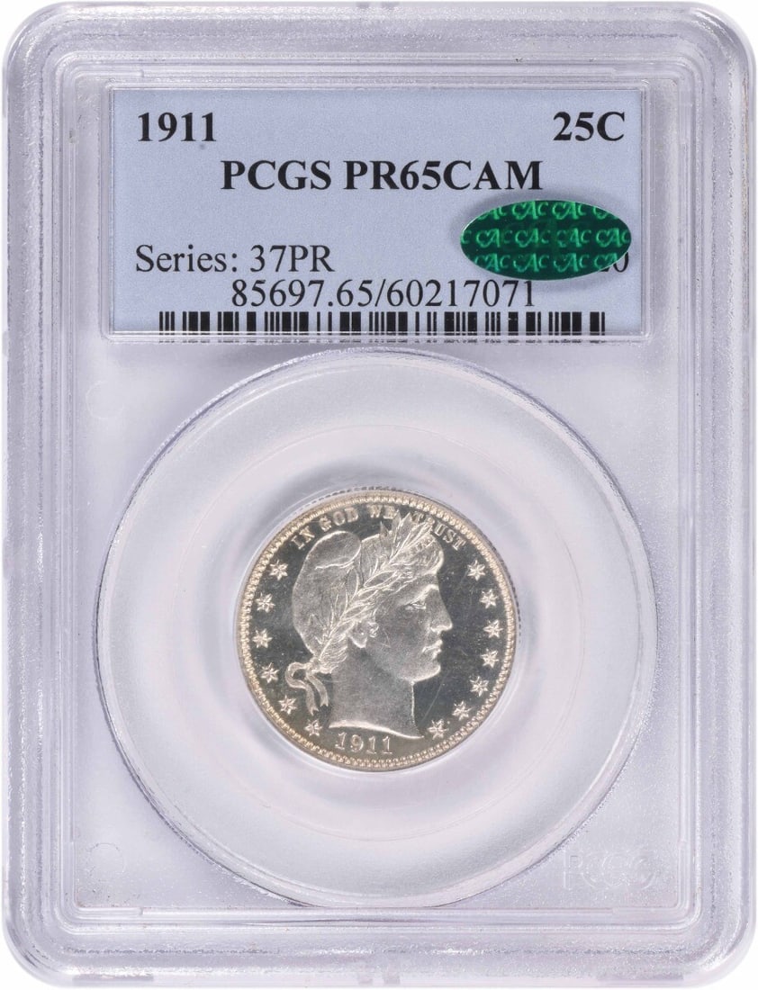 (CAC) 1911 Barber Silver Quarter PR65CAM PCGS: (CAC) 1911 Barber Silver Quarter PR65CAM PCGS Experience the rare beauty of the 1911 Barber Silver Quarter, certified by PCGS as PR65CAM. With its striking proof finish and impressive mintage of just
