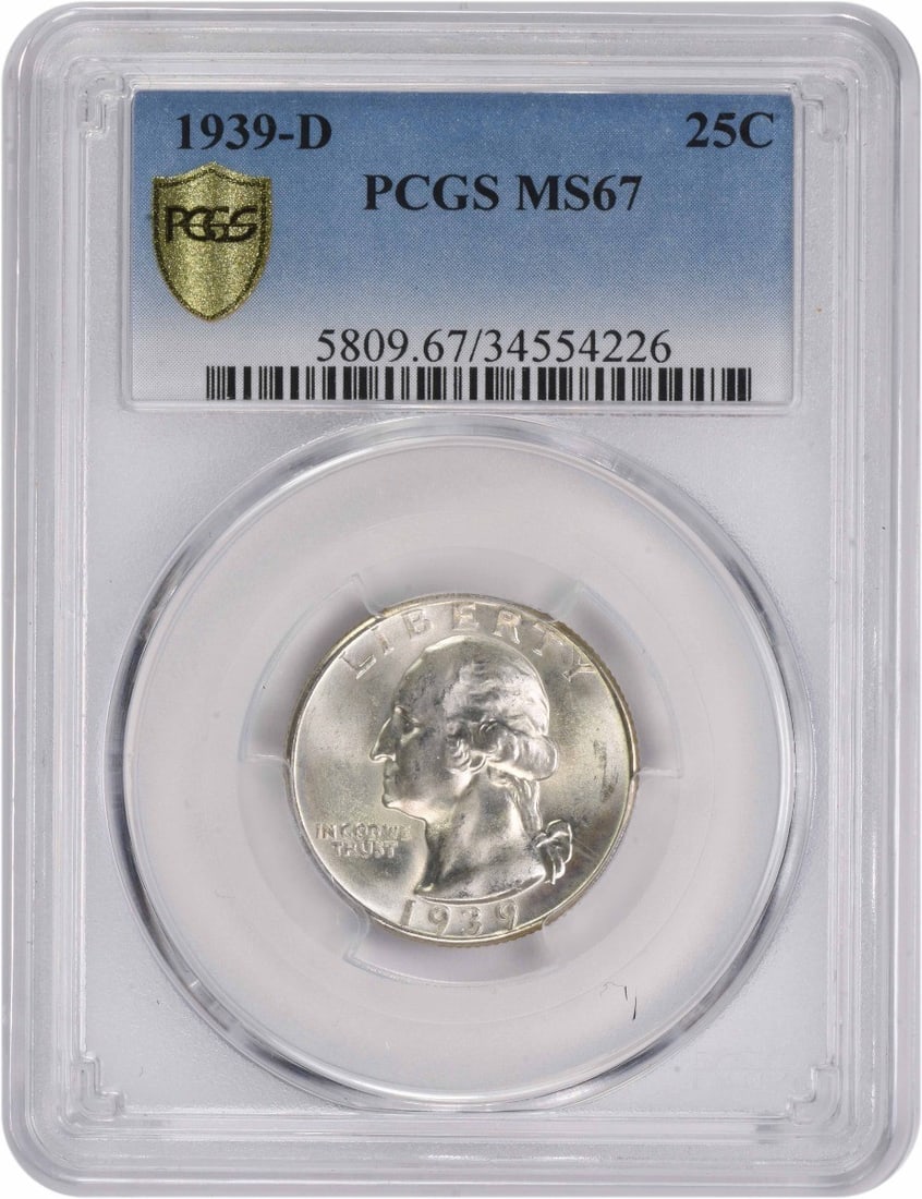 1939-D Washington Quarter MS67 PCGS: 1939-D Washington Quarter MS67 PCGS A rare and highly sought-after 1939-D Washington Quarter, graded MS67 by PCGS, boasts exceptional condition with minimal wear, showcasing the coin's rich history an