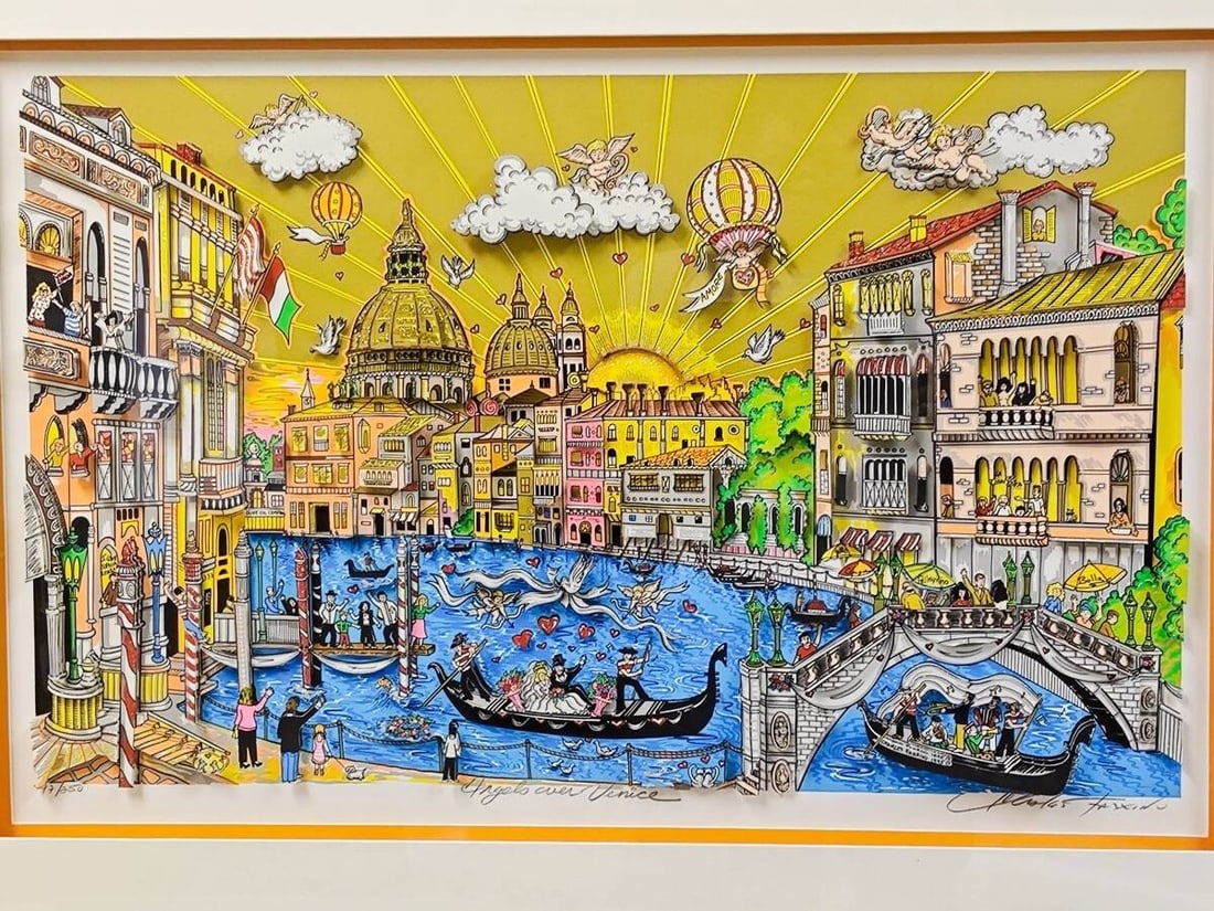 Large Charles Fazzino Angel Over Venice 3D Art Print Hand-signed 91/ 250: Large Charles Fazzino Angel Over Venice 3D Art Print Hand-signed 91/ 250 Experience the vibrant city of Venice in 3D with Charles Fazzino's stunning collage artwork, hand-signed by the artist himself.