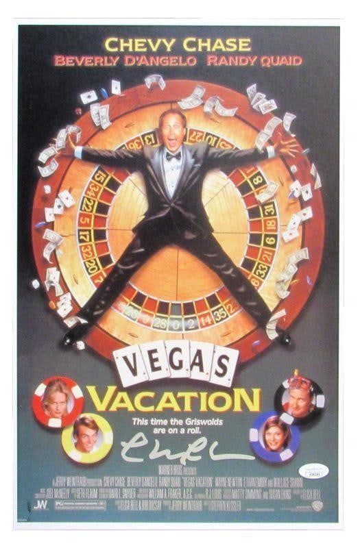 Chevy Chase Autographed 11x17 "Vegas Vacation" Movie Poster (JSA): Chevy Chase Autographed 11x17 "Vegas Vacation" Movie Poster (JSA) Get ready to roll with laughter as you hang up the ultimate Vegas Vacation memorabilia! This rare and authentic Chevy Chase autographe