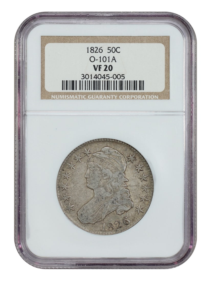1826 50C NGC VF20 (Overton-101a) Capped Bust Half Dollar: 1826 50C NGC VF20 (Overton-101a) Capped Bust Half Dollar Experience the beauty of American numismatics with this stunning 1826 Capped Bust Half Dollar, certified by NGC as VF20 (Very Fine 20). Struck